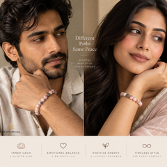 A split-screen lifestyle advertisement showing a man and a woman wearing matching pink beaded bracelets. The text reads 'Different Paths Same Peace' and 'MINIMAL BEAUTY FOR EVERYONE'.