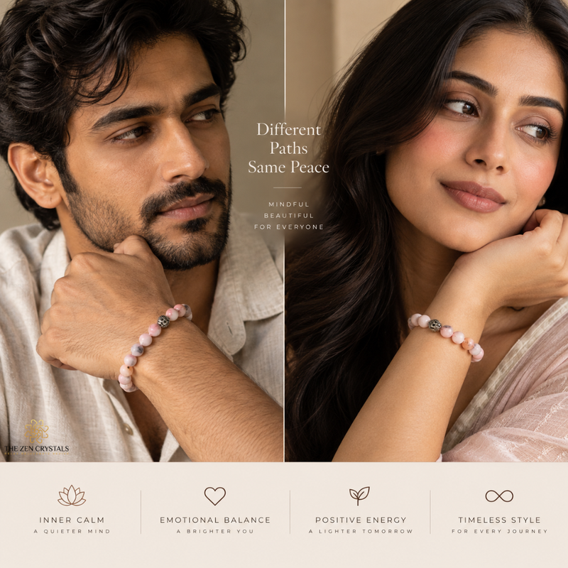 A split-screen lifestyle advertisement showing a man and a woman wearing matching pink beaded bracelets. The text reads 'Different Paths Same Peace' and 'MINIMAL BEAUTY FOR EVERYONE'.