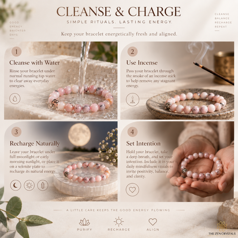 A four-step guide graphic titled 'CLEANSE & CHARGE' showing how to use a pink beaded bracelet. The steps include: 1.
