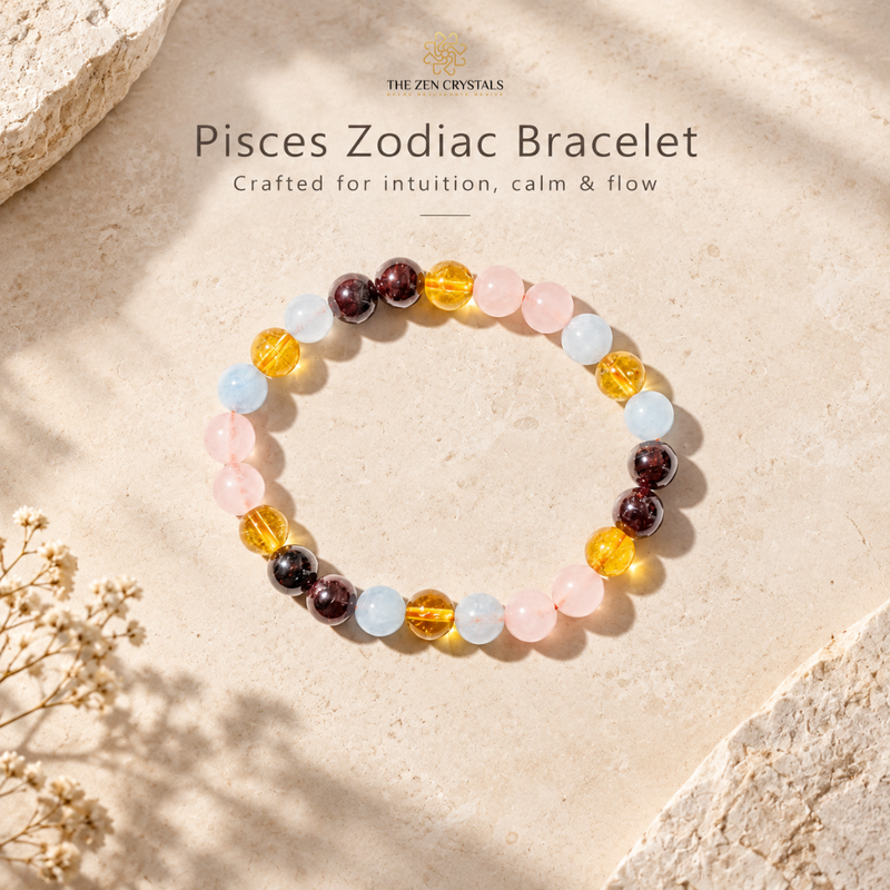 A Pisces Zodiac bracelet by The Zen Crystals, featuring a mix of translucent pink, light blue, amber yellow, and dark brown gemstone beads, displayed on a textured beige stone surface with soft shadows.