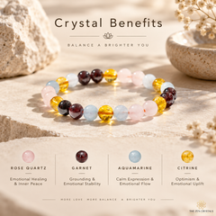 A multicolor beaded crystal bracelet displayed on a stone surface, with text above reading 'Crystal Benefits' and below listing benefits for rose quartz, garnet, aquamarine, and citrine. The bracelet contains translucent pastel and deep gemstone beads in pink, yellow, light blue, dark red, and white tones.