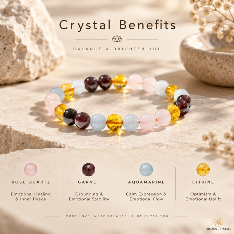 A multicolor beaded crystal bracelet displayed on a stone surface, with text above reading 'Crystal Benefits' and below listing benefits for rose quartz, garnet, aquamarine, and citrine. The bracelet contains translucent pastel and deep gemstone beads in pink, yellow, light blue, dark red, and white tones.