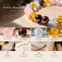 Promotional graphic for a Pisces Zodiac crystal bracelet by The Zen Crystals, showing a close-up of polished gemstone beads and a grid of eight featured stones: rose quartz, garnet, aquamarine, citrine, along with product benefits and lab certification details.