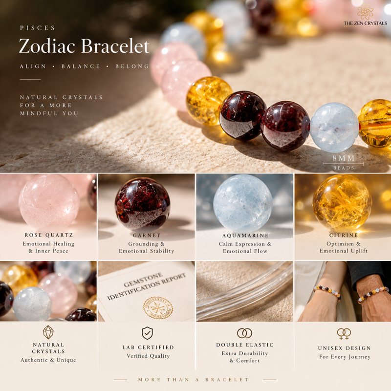 Promotional graphic for a Pisces Zodiac crystal bracelet by The Zen Crystals, showing a close-up of polished gemstone beads and a grid of eight featured stones: rose quartz, garnet, aquamarine, citrine, along with product benefits and lab certification details.