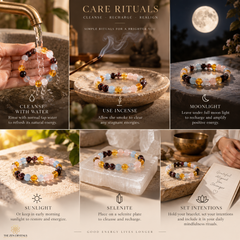 A six-panel collage showing a beaded bracelet in different styled ritual contexts: water rinsing, incense burning, moonlight, sunlight, on a selenite plate, and held over a notebook. The top header reads 'CARE RITUALS' and the bottom brand text reads 'THE ZIN CRYSTALS'.