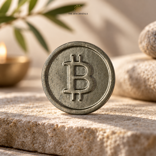 A metallic Pyrite Bitcoin coin prop standing upright on a textured stone surface, with a softly blurred warm-toned background including a candle, leaves, and stacked stones. The Zen Crystals logo appears above the coin.