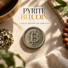 A round metallic coin featuring the Bitcoin symbol, styled on a textured beige surface with a gold crystal cluster, wooden beads, a brass bowl, and draped fabric. Text at the top reads 'THE ZEN CRYSTALS PYRITE BITCOIN A SOLID ANCHOR FOR AMBITION'.