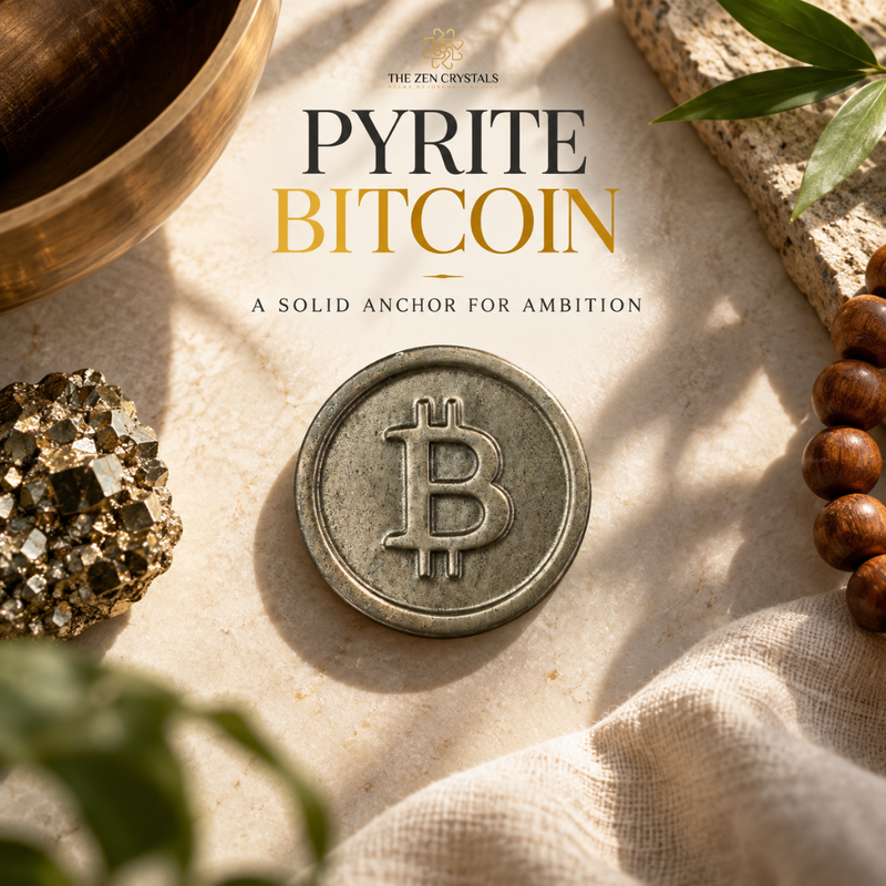 A round metallic coin featuring the Bitcoin symbol, styled on a textured beige surface with a gold crystal cluster, wooden beads, a brass bowl, and draped fabric. Text at the top reads 'THE ZEN CRYSTALS PYRITE BITCOIN A SOLID ANCHOR FOR AMBITION'.