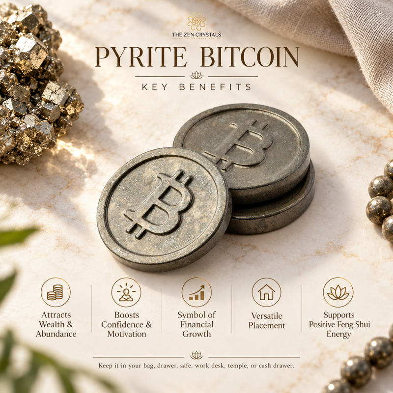 A styled promotional graphic for 'The Zen Crystals' Pyrite Bitcoin key benefits. The image features two metallic pyrite coins with embossed Bitcoin symbols, a raw pyrite crystal cluster, a beaded bracelet, and a neutral fabric, all arranged on a light marble surface.
