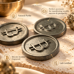 Three round dark metallic crystal coins featuring the Bitcoin symbol, arranged on a textured stone surface with decorative gold props. Callout text labels mention natural pyrite, Bitcoin symbol engraved, and lab certified features.