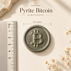 A round metallic-looking Pyrite Bitcoin coin with an embossed Bitcoin symbol, shown on a cream background with a ruler for scale and decorative dried flowers. Text reads 'The Zen Crystals' and 'Pyrite Bitcoin Dimensions 1.