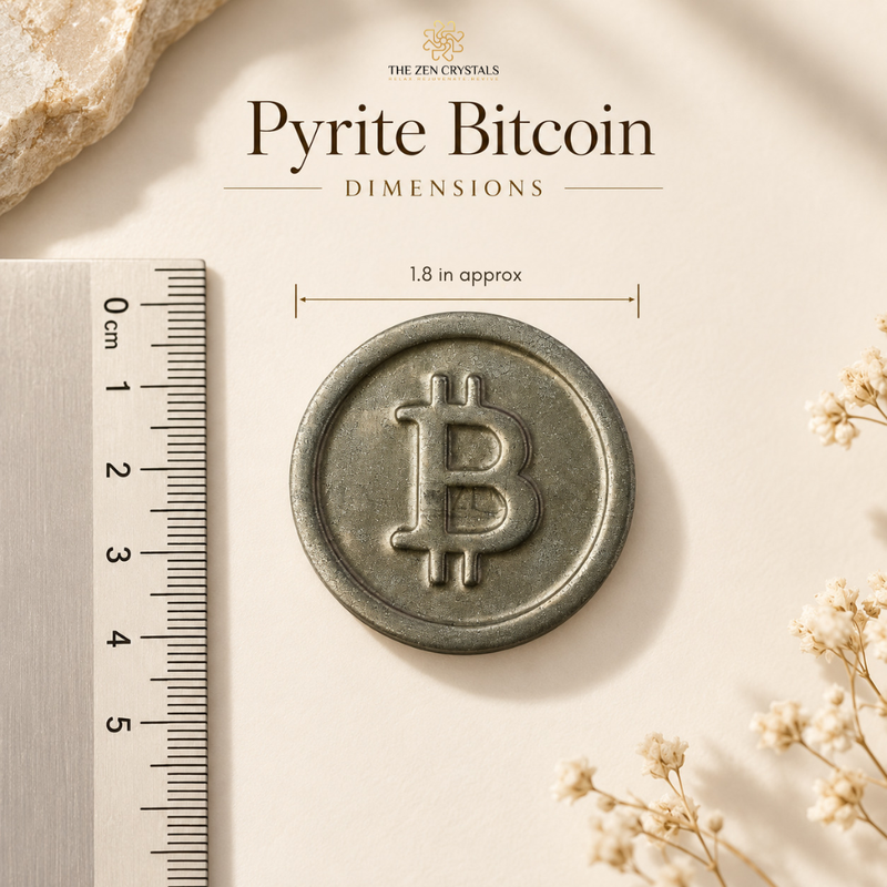 A round metallic-looking Pyrite Bitcoin coin with an embossed Bitcoin symbol, shown on a cream background with a ruler for scale and decorative dried flowers. Text reads 'The Zen Crystals' and 'Pyrite Bitcoin Dimensions 1.