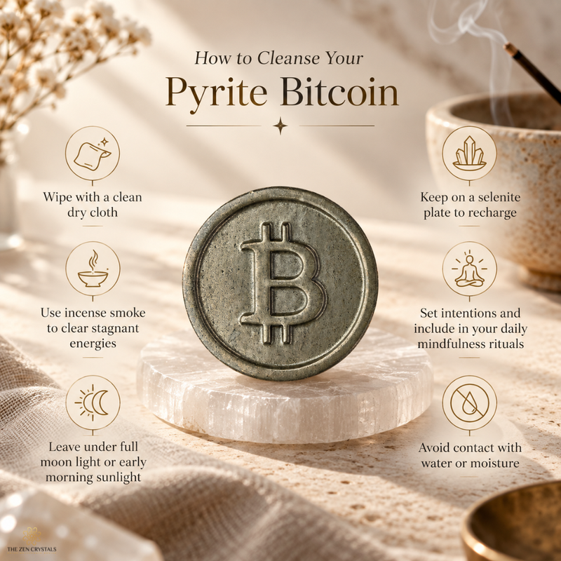 An informational graphic titled 'How to Cleanse Your Pyrite Bitcoin' shows a round metallic coin with a Bitcoin symbol standing on a white stone slab. The design includes six illustrated tips around the coin, such as wiping with a clean dry cloth, keeping on a selenite plate to recharge, using incense smoke, setting intentions, leaving under moonlight, and avoiding water or moisture.