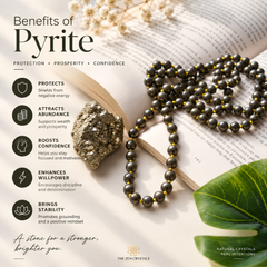 A promotional graphic for a Pyrite Jaap mala, showing a dark metallic gray beaded strand with bright yellow-green highlights, alongside a raw pyrite crystal and a wooden book on a white background with text overlays detailing the benefits of pyrite.