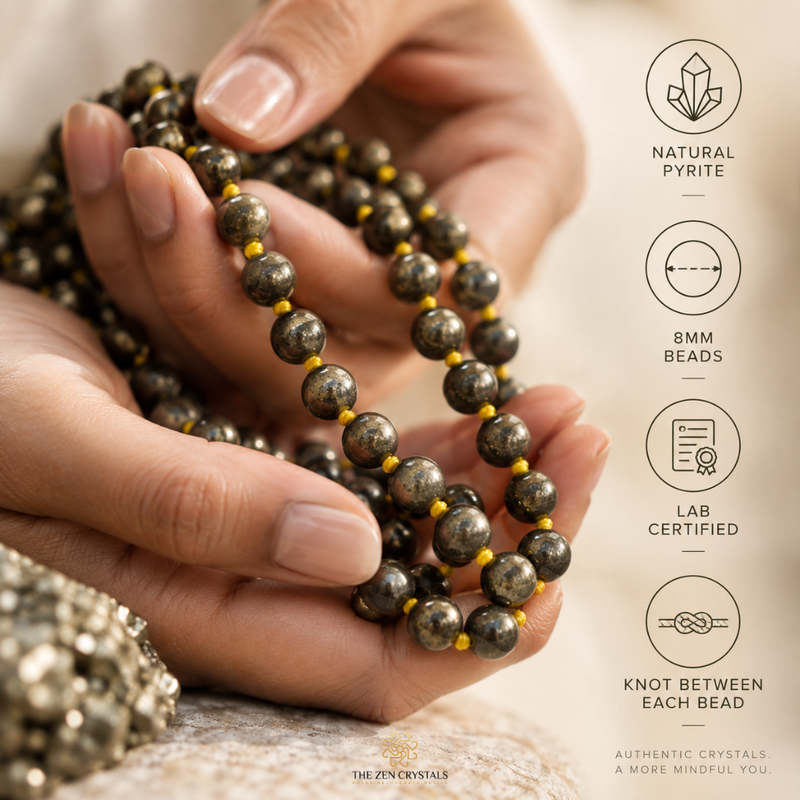 A close-up of hands holding a beaded necklace made of dark metallic gray pyrite beads with small gold spacer beads. The right side features informational icons and text about the product: 'Natural Pyrite', '9MM Beads', 'Lab Certified', and 'Knot Between Each Bead'.