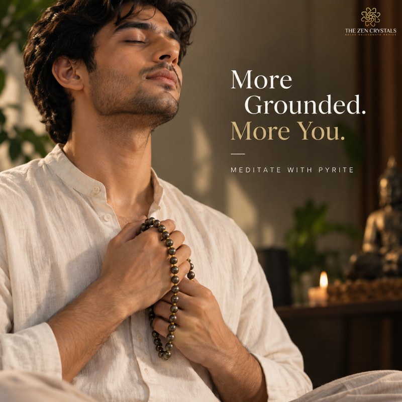 A man in a white linen shirt meditates with a Pyrite Jaap mala against a warm, softly lit background. Text on the right reads 'More Grounded.