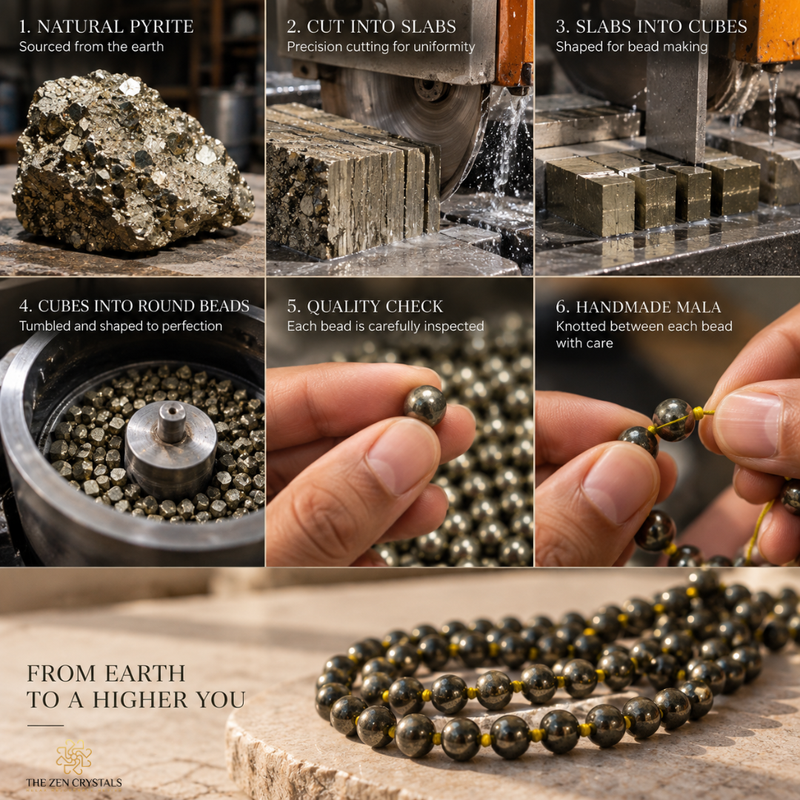 A six-panel collage showing the craft process of making pyrite beads, starting with raw natural pyrite rock, cutting and shaping into cubes and round beads, and finally knotted into a mala necklace. The bottom panel shows the completed black and gold pyrite bead mala on a wooden surface, with text reading 'FROM EARTH TO A HIGHER YOU' and the brand 'THE ZINC CRYSTALS'.