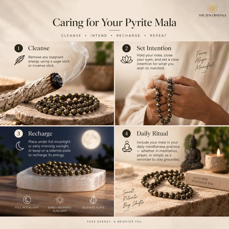 A four-panel care guide for a Pyrite Mala bracelet by The Zen Crystals. The panels show a sage smudge, a hand holding the dark metallic beads, a crystal plate under the beads, and a book with the text 'A Calmer Stronger You.