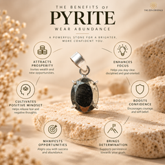 An infographic titled 'The Benefits of Pyrite Wear Abundance' by The Zen Crystals, featuring a silver pendant with a dark pyrite stone in the center, surrounded by text icons and sandy background imagery.