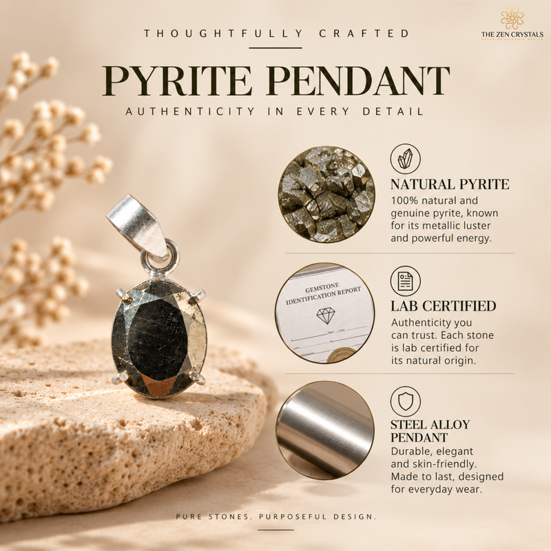 A silver pendant with a dark natural pyrite gemstone is displayed on a textured beige stone, surrounded by decorative dried flowers. The background is a warm beige with text detailing product features: 'Natural Pyrite', 'Lab Certified', and 'Steel-Alloy Pendant'.