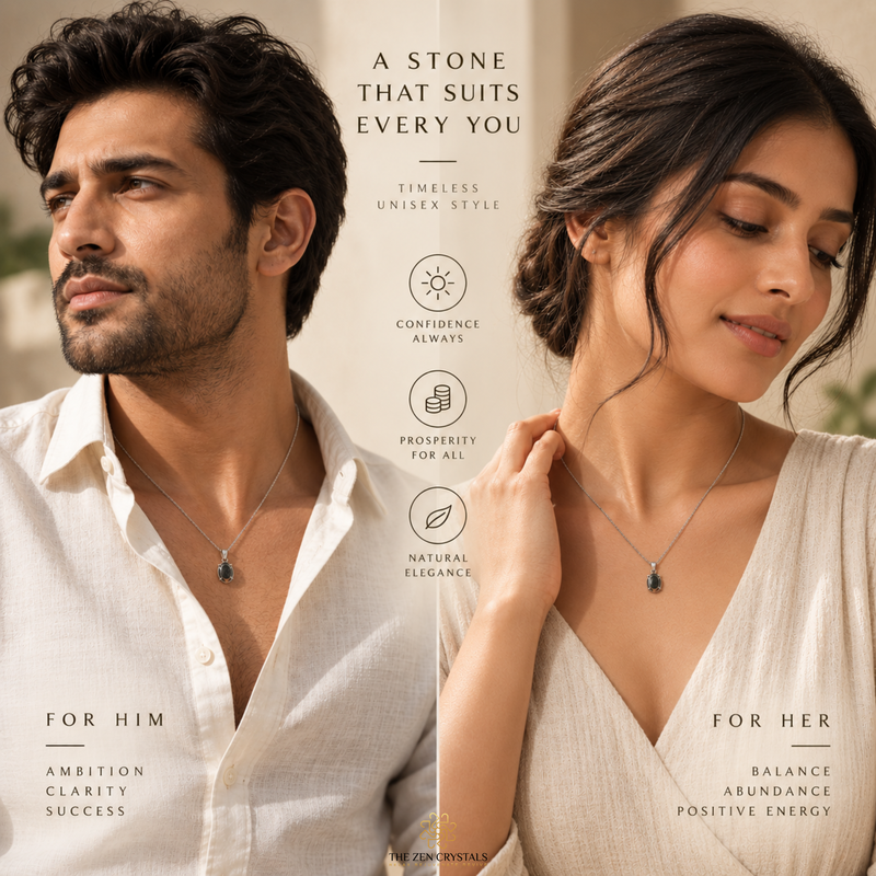 A split-screen lifestyle advertisement showing a man and a woman wearing matching silver-toned pendant necklaces with dark teardrop-shaped stones. The background is a soft beige with elegant text overlays describing the necklace's qualities ('A Stone that suits every you') and the gemstone's meanings for men and women.