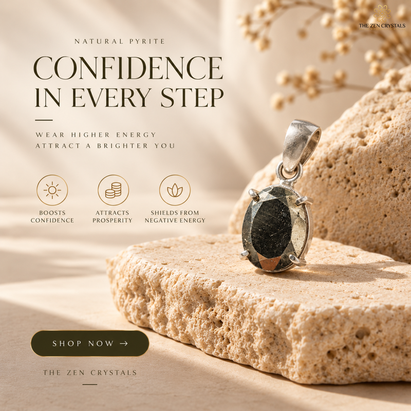 A pyrite pendant with a faceted black natural pyrite gemstone rests on a textured beige stone slab. The image is a styled product advertisement with text overlays reading 'CONFIDENCE IN EVERY STEP' and 'NATURAL PYRITE' from 'THE ZEN CRYSTALS'.