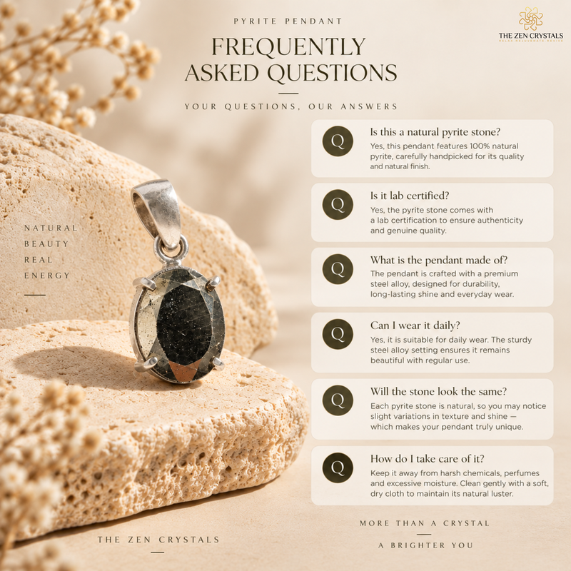 An informational graphic titled 'FREQUENTLY ASKED QUESTIONS' about a pyrite pendant. The pendant is shown hanging from a chain on the right side, with a large natural pyrite stone on the left.