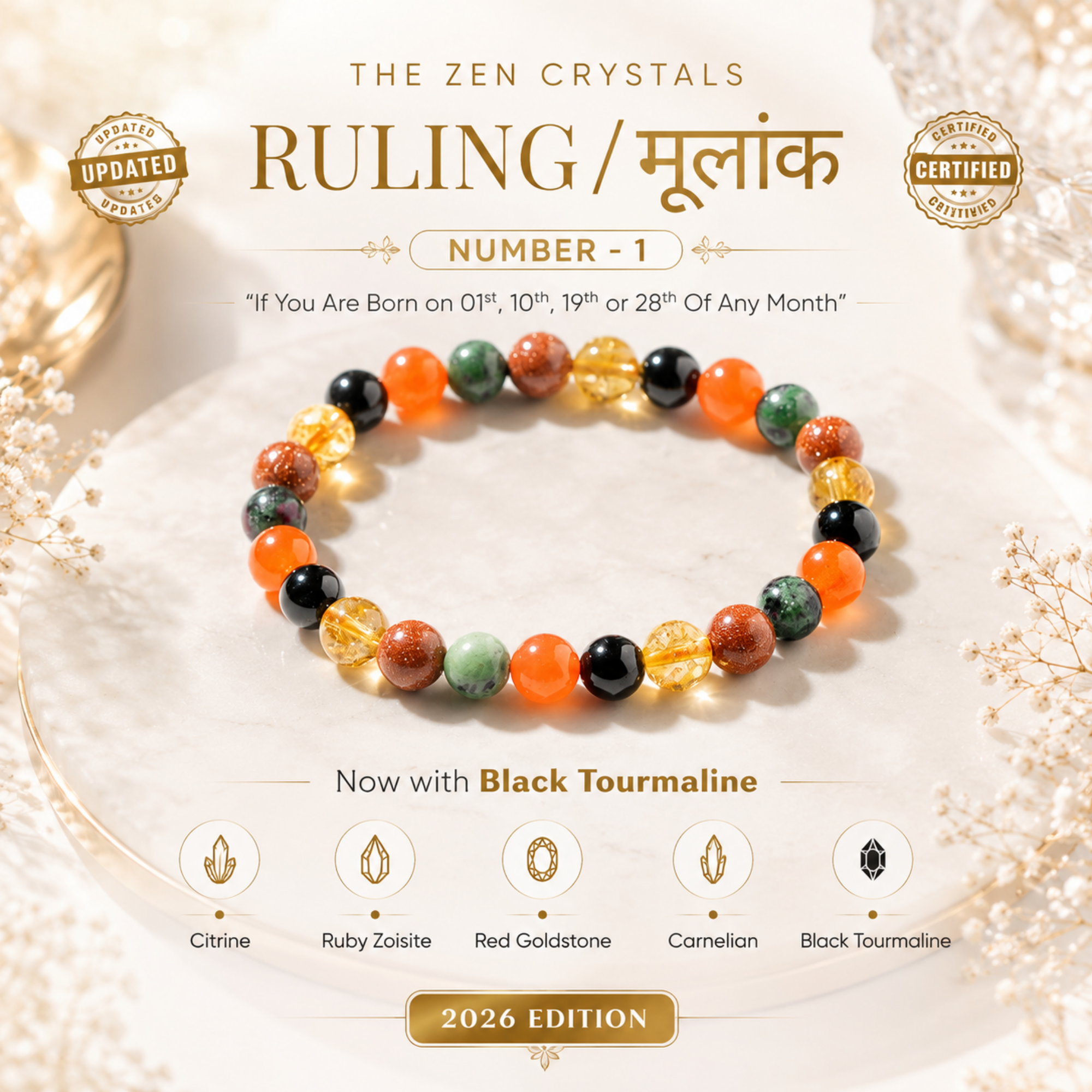 Numerology Lucky Number Bracelet Numerology Bracelet For Moolank Birth Number Crystal Bracelet With Citrine, Carnelian Black Tourmaline