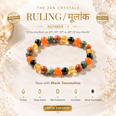 RULING NUMBER 1 BRACELET displayed on a cream-colored background with decorative text and badges. The bracelet features round translucent and opaque beads in orange, black, green, red-brown, and clear crystal tones.
