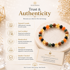 RULING NUMBER 1 BRACELET made of round natural crystals in orange, green, brown, and clear tones, displayed on a white marble coaster next to a branded authenticity card. The image includes marketing text on a warm cream background with decorative crystal props.