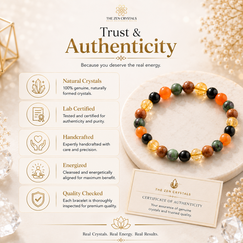RULING NUMBER 1 BRACELET made of round natural crystals in orange, green, brown, and clear tones, displayed on a white marble coaster next to a branded authenticity card. The image includes marketing text on a warm cream background with decorative crystal props.
