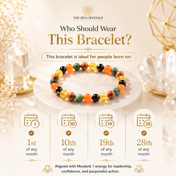 RULING NUMBER 1 BRACELET displayed on a white pedestal, surrounded by decorative crystals and gold-toned props. The image includes text from The Zen Crystals explaining that the bracelet is ideal for people born on specific dates, with icons for January 1st, 10th, 19th, and 28th.