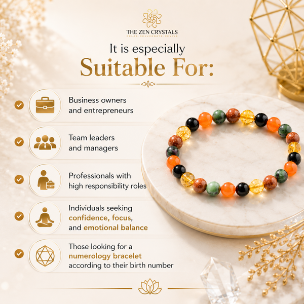 RULING NUMBER 1 BRACELET with orange, green, black, and yellow marbled beads displayed on a marble coaster. The image is a promotional graphic for 'The Zen Crystals' with text detailing the bracelet's suitability for business owners, team leaders, and professionals.