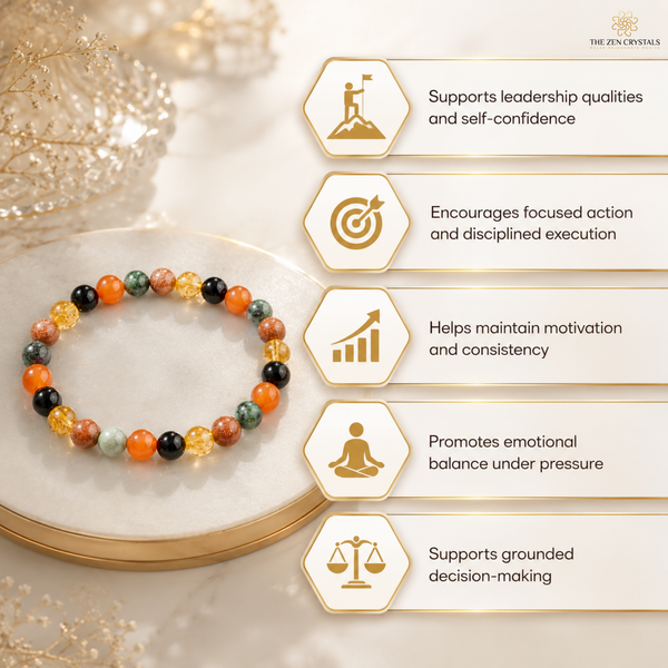 RULING NUMBER 1 BRACELET displayed on a white marble tray, with five gold text panels on the right listing its purported benefits: supports leadership qualities and self-confidence, encourages focused action and disciplined execution, helps maintain motivation and consistency, promotes emotional balance under pressure, and supports grounded decision-making. The brand name 'THE ZEN CRYSTALS' is visible in the top right corner.