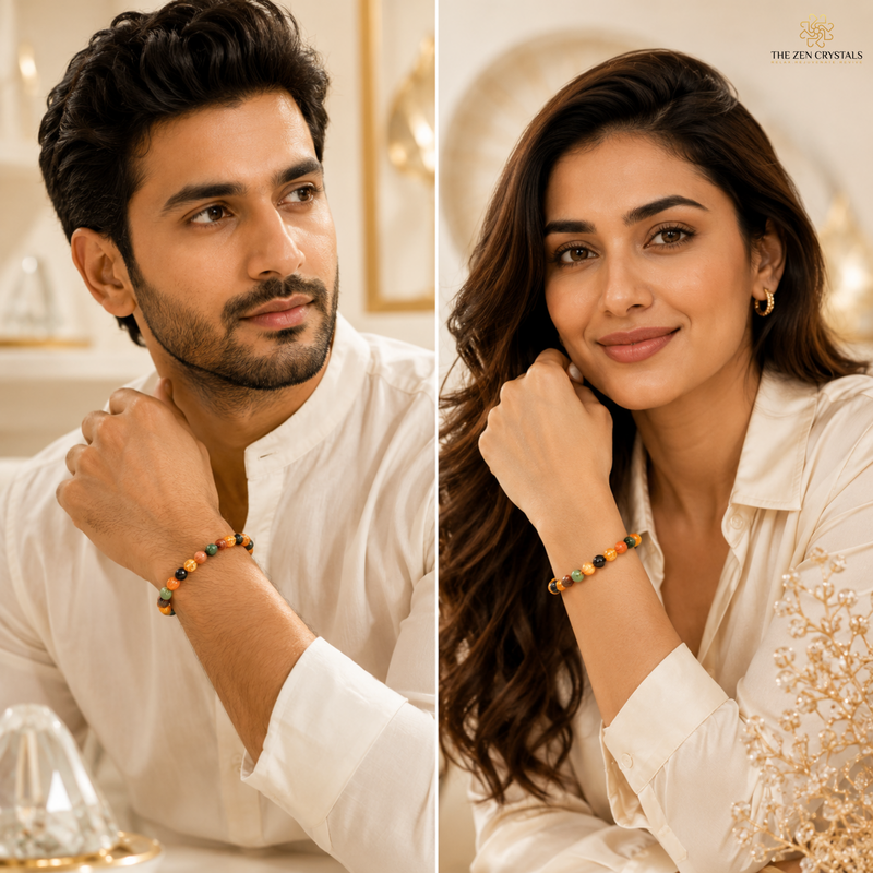 A split-screen lifestyle image showing a man and a woman wearing RULING NUMBER 1 BRACELET. The bracelets feature orange, yellow, green, and black beads.