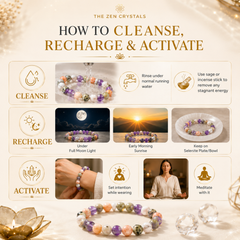 An infographic titled 'HOW TO CLEANSE, RECHARGE & ACTIVATE' RULING NUMBER 2 BRACELET from The Zen Crystals, showing three rows of steps with icons and small photos: cleanse by running water, recharge under moonlight/sunrise, and activate while meditating. The main product shown repeatedly is a beaded crystal bracelet in purple, peach, white, and green tones.