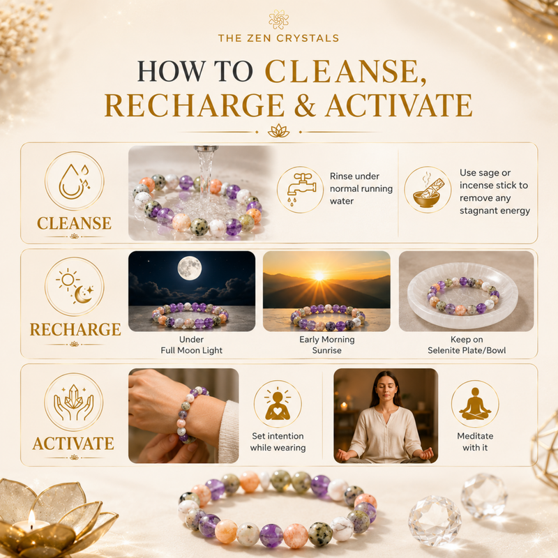 An infographic titled 'HOW TO CLEANSE, RECHARGE & ACTIVATE' RULING NUMBER 2 BRACELET from The Zen Crystals, showing three rows of steps with icons and small photos: cleanse by running water, recharge under moonlight/sunrise, and activate while meditating. The main product shown repeatedly is a beaded crystal bracelet in purple, peach, white, and green tones.