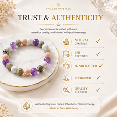 RULING NUMBER 2 BRACELET displayed on a white marble tray, with promotional text and icons from The Zen Crystals emphasizing natural crystals, lab certification, handcrafted quality, and positive energy.