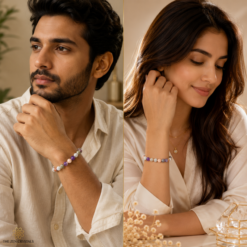 A split-screen lifestyle image showing a man and a woman wearing RULING NUMBER 2 BRACELET from The Zen Crystals. The bracelets feature white, purple, and blue beads.