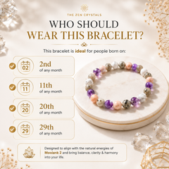 A promotional graphic for a RULING NUMBER 2 BRACELET from The Zen Crystals, showing a bracelet made of purple, peach, white, and gray marbled beads on a round white tray. The left side features text explaining that the bracelet is ideal for people born on the 2nd, 11th, 20th, or 29th of any month, with decorative crystal elements in the background.