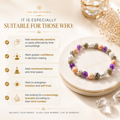 RULING NUMBER 2 BRACELET displayed on a round cream tray, with marketing text on a warm beige background. The bracelet contains multicolored polished stones including purple, green, orange, white, and brown.