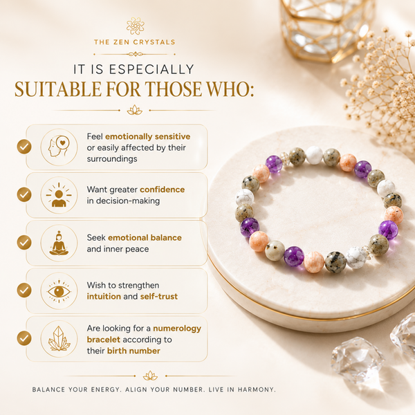 RULING NUMBER 2 BRACELET displayed on a round cream tray, with marketing text on a warm beige background. The bracelet contains multicolored polished stones including purple, green, orange, white, and brown.
