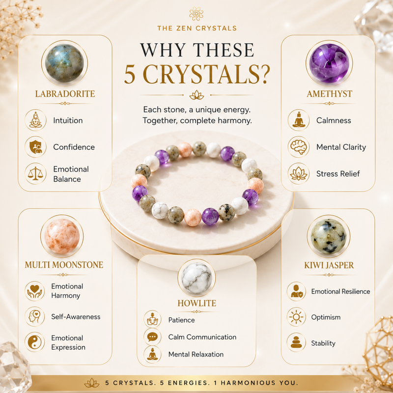 An infographic titled 'Why These 5 Crystals?' from The Zen Crystals, featuring RULING NUMBER 2 BRACELET displayed on a pedestal. The graphic lists benefits for five crystals: Labradorite (Intuition, Confidence, Emotional Balance), Amethyst (Calmness, Mental Clarity, Stress Relief), Multimoonstone (Emotional Harmony, Self-Awareness, Emotional Expression), Howlite (Patience, Calm Communication, Mental Relaxation), and Kiwi Jasper (Emotional Resilience, Optimism, Stability).