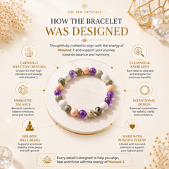 An infographic titled 'HOW THE BRACELET WAS DESIGNED' from The Zen Crystals, featuring a RULING NUMBER 2 BRACELET on a white circular plate. The design includes detailed callouts around the bracelet with icons and text explaining the selection, cleansing, and energetic properties of the crystals used, set against a warm beige background with decorative gold and crystal elements.
