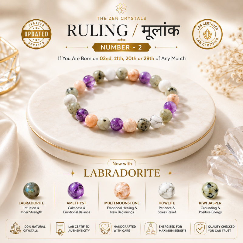 RULING NUMBER 2 BRACELET arranged in a circle on a white marble tray, with decorative crystals and soft neutral background elements. Text at the top reads 'THE ZEN CRYSTALS RULING / मूलनाक NUMBER - 2' and the bottom section lists crystal benefits including labradorite, amethyst, multi moonstone, howlite, and kiwi jasper.
