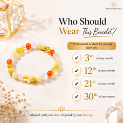 An informational product graphic for RULING NUMBER 3 BRACELET from The Zen Crystals. The bracelet, made of translucent orange, yellow, and white beads, is displayed on the left side.