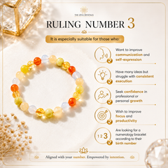 RULING NUMBER 3 BRACELET by The Zen Crystals featuring yellow, orange, and white beads, displayed on a cream background with text detailing its suitability for those with 'Ruling Number 3'.