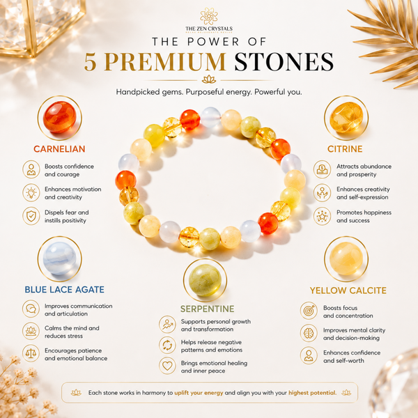 An infographic titled 'The Power of 5 Premium Stones' by The Jewellery Crystals, showing RULING NUMBER 3 BRACELET (carnelian, citrine, blue lace agate, serpentine, and yellow calcite) arranged in a circle on a cream background with decorative gold botanical elements.