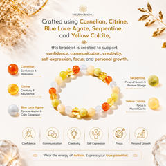 RULING NUMBER 3 BRACELET made of translucent and polished gemstone-like beads in orange, yellow, white, and pale blue, shown on a cream background with decorative dried flowers and text explaining the stones and their symbolic benefits. The brand name 'The Zen Crystals' is visible at the top.