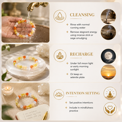 A four-panel instructional collage showing how to care for RULING NUMBER 3 BRACELET. The panels include: cleansing the bracelet with running water, recharging it under moonlight or sunlight, setting positive intentions, and wearing it with mindfulness.
